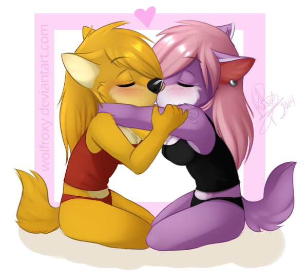 black_nose canine clothed clothing duo eyes_closed female half-dressed kissing lesbian mammal panties shirt skimpy tank_top underwear wolf wolflady