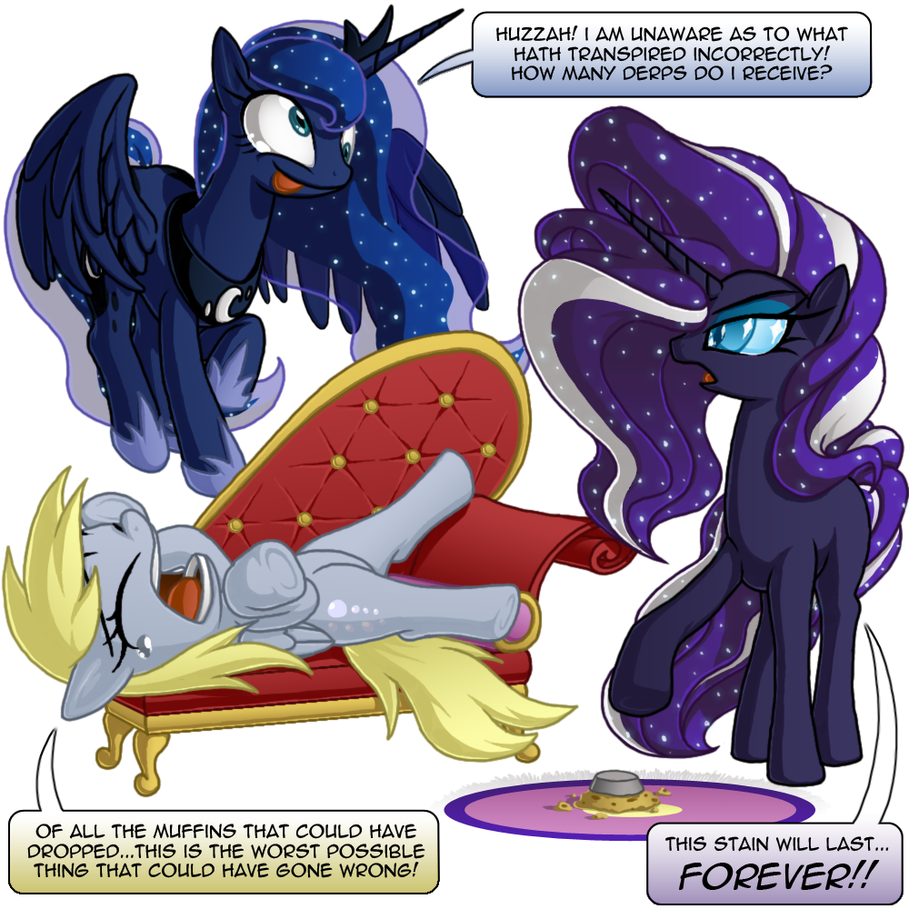 blonde_hair blue_eyes blue_hair crown cutie_mark derp derp_eyes derpy_hooves_(mlp) dialog drama_queen english_text engrishman equine eyes_closed eyeshadow fainting_couch female flying food friendship_is_magic group hair horn horse lying makeup mammal moon muffin my_little_pony necklace nightmare_rarity_(mlp) pegasus personality_swap pony princess_luna_(mlp) purple_hair rug sofa sparkles tears text tongue tongue_out two_tone_hair unicorn white_hair winged_unicorn wings