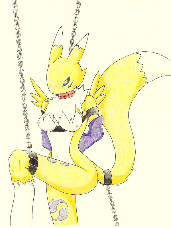 arms_behind_back bdsm black_nose black_sclera blue_eyes bondage bound breasts chain chest_tuft collar digidredg digimon facial_markings female fur markings navel nipples one_leg_up renamon spiked_collar tuft