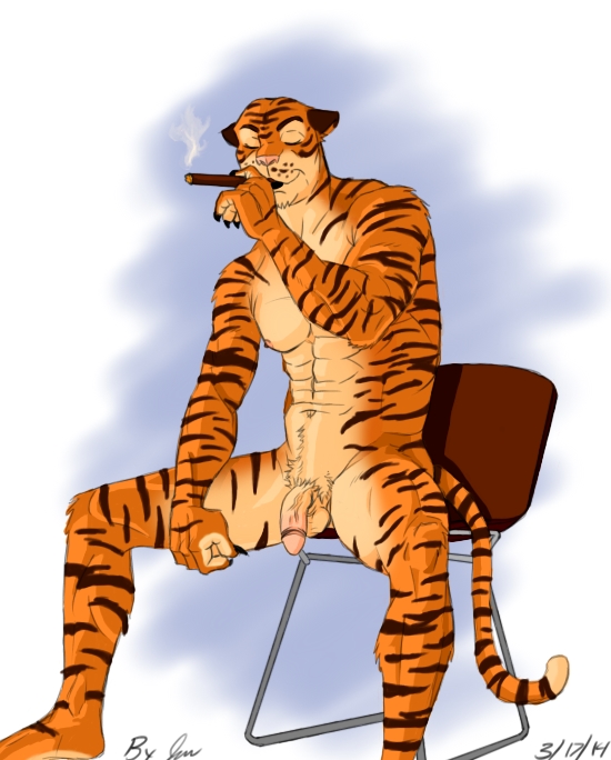 balls chair cigar clownboy1 feline flaccid male mammal muscles nipples nude penis sitting smoking solo tiger