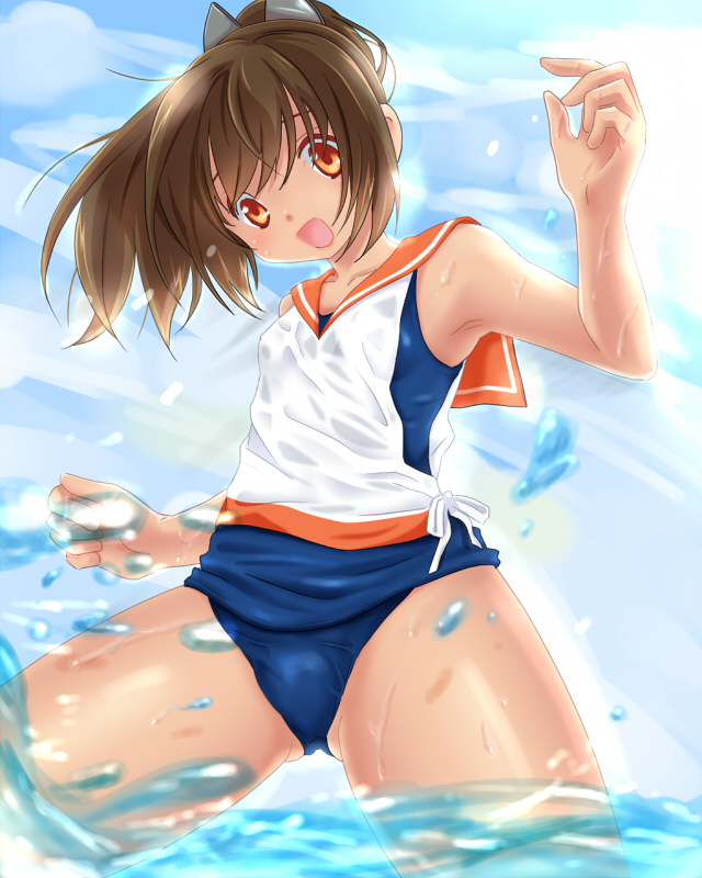 brown_eyes brown_hair i-401_(kantai_collection) kantai_collection moyashi_onna ponytail sailor_collar school_swimsuit short_hair short_ponytail swimsuit swimsuit_under_clothes