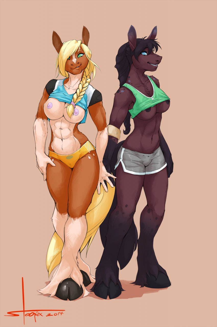 2014 anthro astrid blue_eyes braids breasts clothed clothing clydesdale duo equine female green_eyes hooves horse kara mammal muscles muscular_female nipples shorts skimpy stoopix