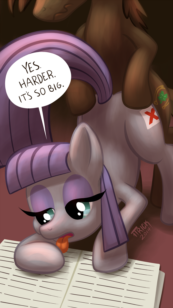 2014 all_fours ass_up brown_fur brown_hair cutie_mark dialog doggystyle duo english_text equine eyeshadow female feral friendship_is_magic from_behind fur grey_fur hair half-closed_eyes hi_res horse makeup male mammal maud_pie_(mlp) my_little_pony onetrickpony open_mouth penetration pony purple_hair raised_tail sex shaded straight text tongue tongue_out unknown_character