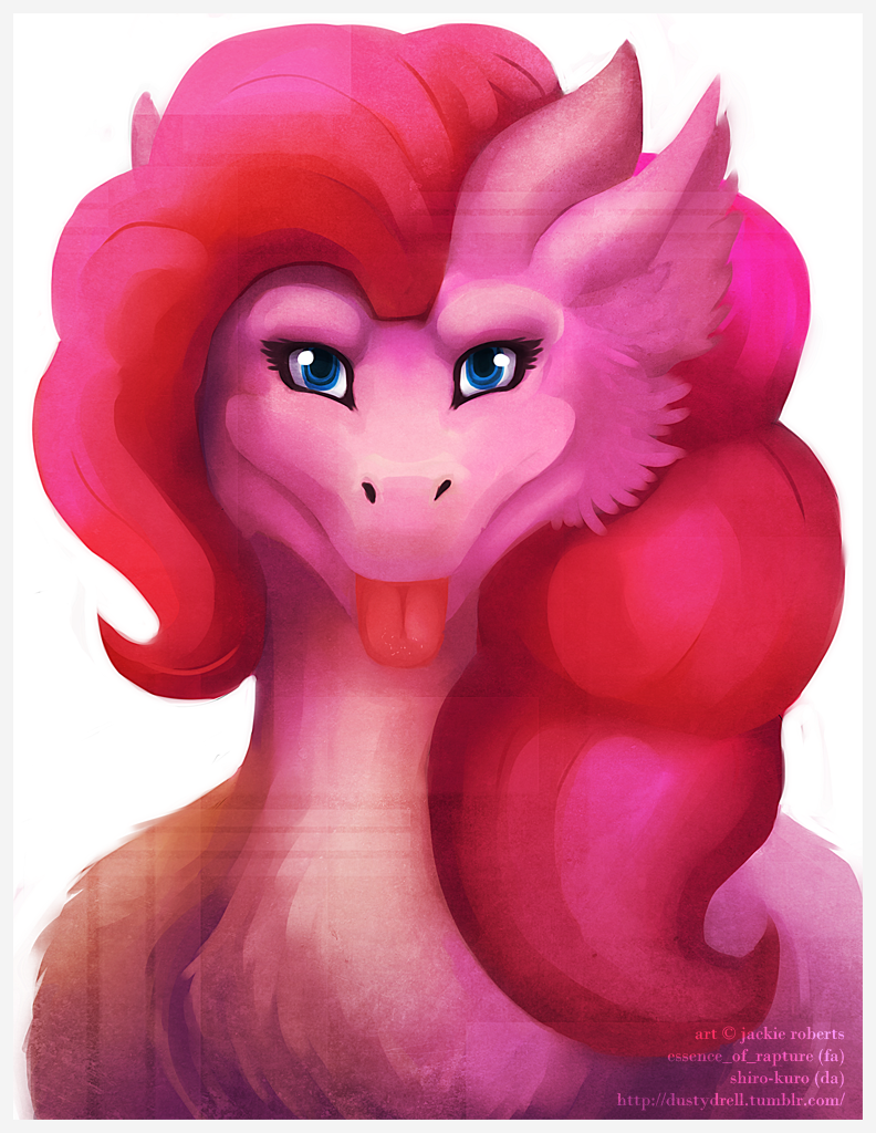 dragon female feral friendship_is_magic furred_dragon hair ius-iuris my_little_pony pink_hair pinkie_pie_(mlp) plain_background playful reptile scalie smile solo tongue tongue_out while_background white_background