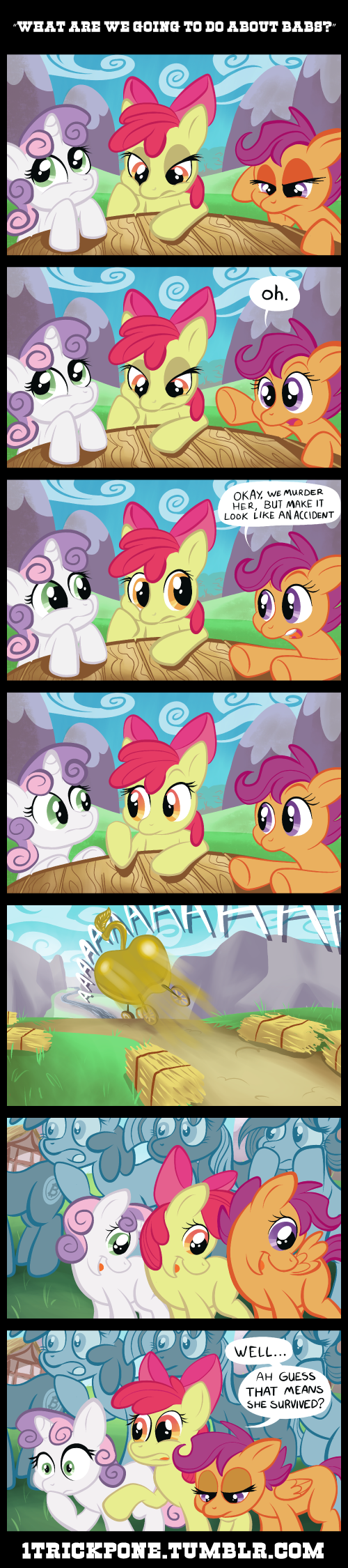 amber_eyes apple_bloom_(mlp) bow carriage cloud comic cub cutie_mark dialog english_text equine female feral friendship_is_magic fur green_eyes group hair half-closed_eyes hi_res horn horse mammal mountain multi-colored_hair my_little_pony onetrickpony open_mouth orange_fur outside pegasus pony purple_eyes purple_hair red_hair scootaloo_(mlp) shocked sky sweetie_belle_(mlp) table text thinking tongue two_tone_hair unicorn unknown_character wings yellow_fur young