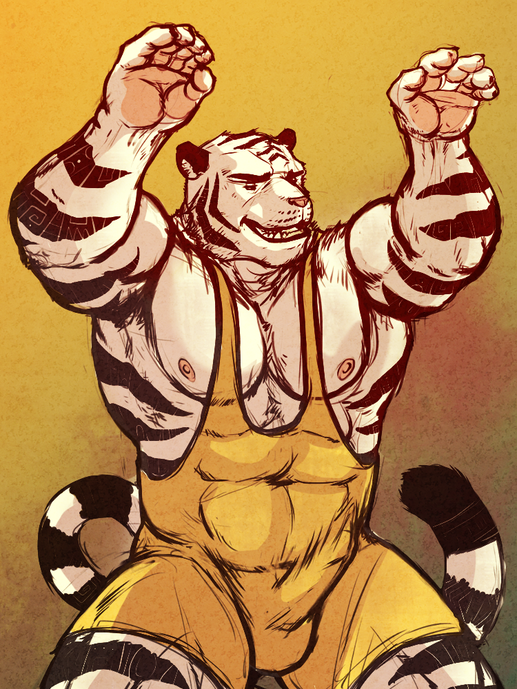 abs anthro biceps big_muscles bulge collaboration feline fur kagnar male mammal muscles pecs solo spandex stripes taoren tiger white_tiger wrestler yutari