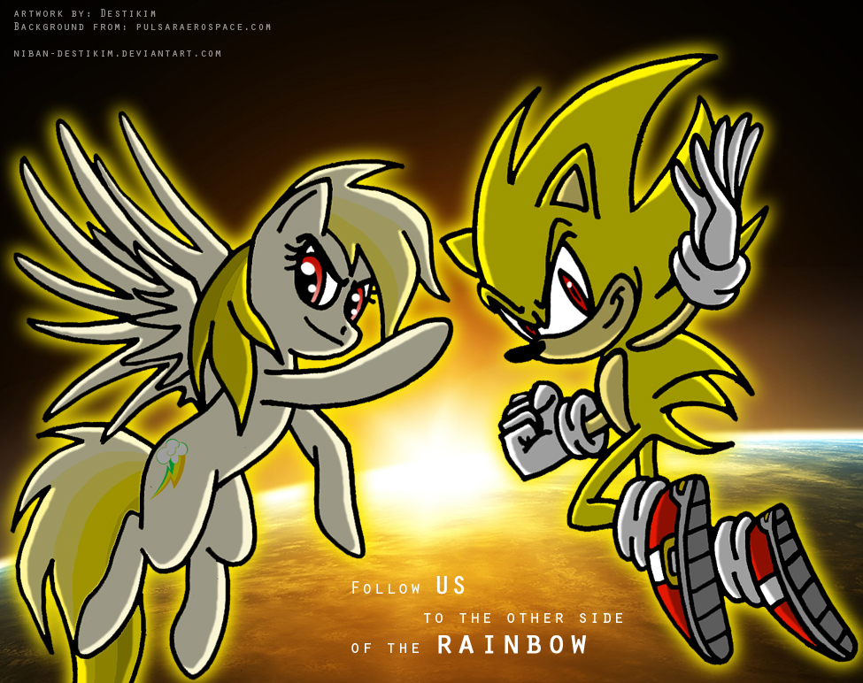 anthro blue_fur crossover cutie_mark duo english_text equine female feral friendship_is_magic fur hair hedgehog horse male mammal multi-colored_hair my_little_pony niban-destikim pegasus plant pony rainbow_dash_(mlp) red_eyes sega sonic_(series) sonic_the_hedgehog space super_sonic text wings yellow_fur