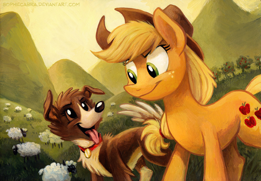 apple applejack_(mlp) blonde_hair brown_eyes canine caprine collar cowboy_hat dog duo equine female field freckles friendship_is_magic fruit grass green_eyes hair hat horse mammal mountain my_little_pony outside pony sheep sky sophiecabra tess_garman tongue tongue_out tree winona_(mlp)