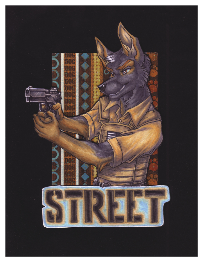 badge canine carrier con conbadge contractor dog flag german german_shepherd government gun mammal military pistol plate police ranged_weapon shepherd street street_(character) streetdog vest weapon wielder wolf