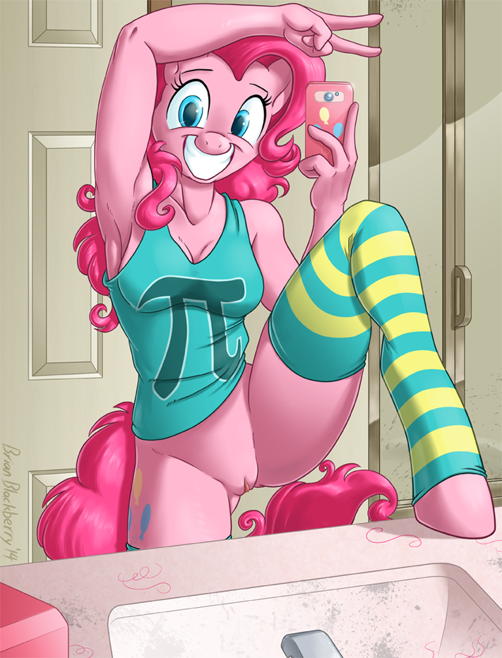 anthro anthrofied blue_eyes bottomless brian_mcpherson clothing cutie_mark equine female friendship_is_magic fur hair happy horse mammal my_little_pony phone pi pink_fur pink_hair pinkie_pie_(mlp) pony pose pussy selfie smile solo