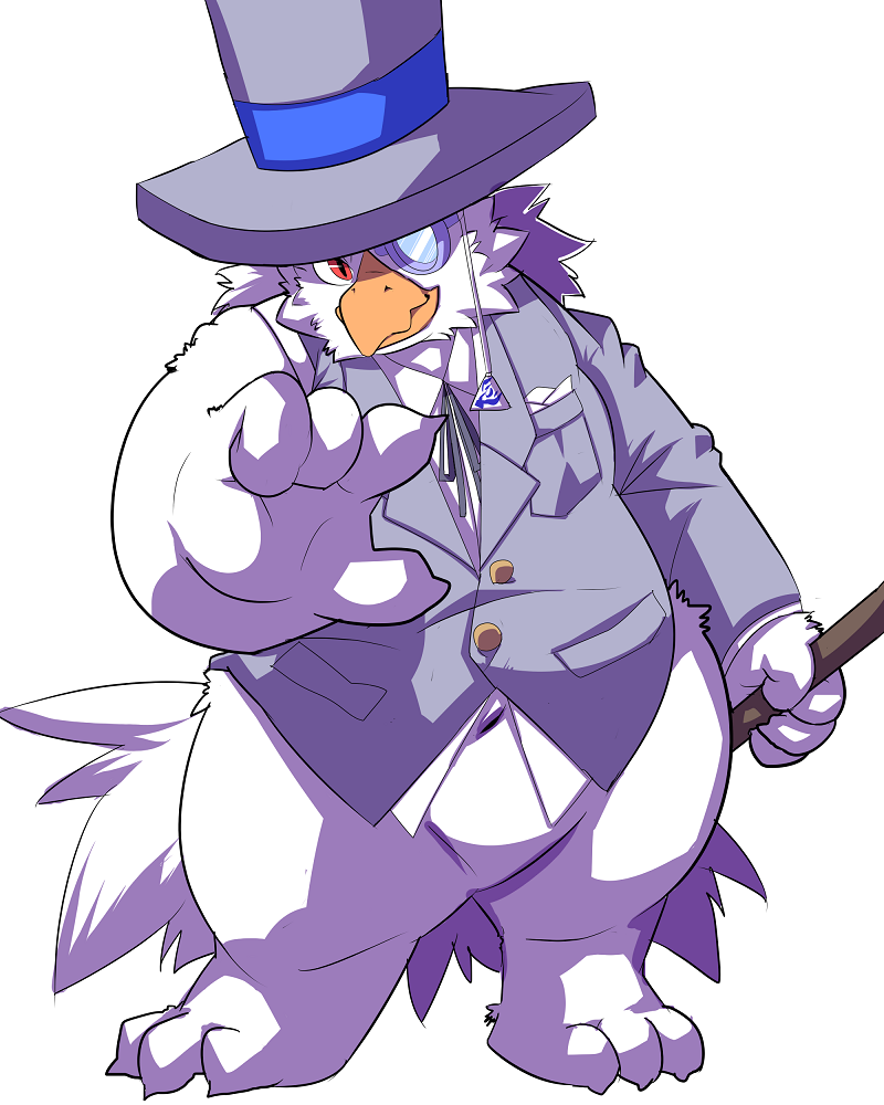 avian beak bird bottomless clothing eyewear hat kemono monocle navel overweight plain_background red_eyes sigenoya solo standing top_hat wand white_background