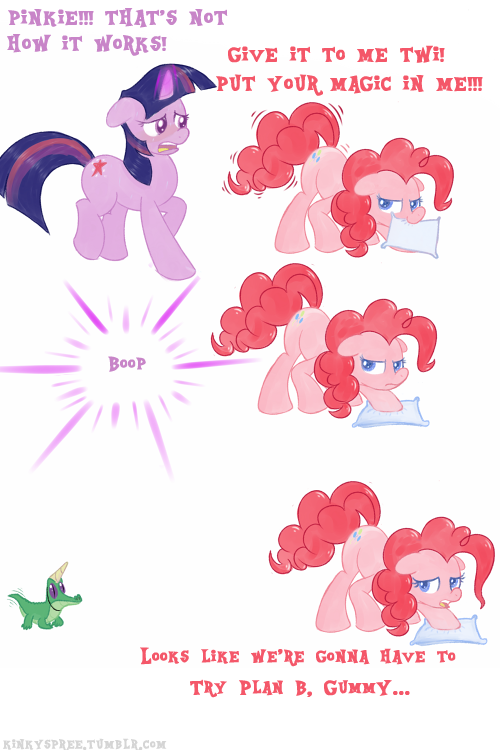blue_eyes comic cutie_mark duo equine female friendship_is_magic fur gummy_(mlp) hair horn horse kinkyspree male mammal multi-colored_hair my_little_pony pillow pink_fur pink_hair pinkie_pie_(mlp) plain_background pony presenting purple_eyes purple_fur purple_hair reptile scalie shaking shaking_butt text twilight_sparkle_(mlp) two_tone_hair unicorn white_background winged_unicorn wings
