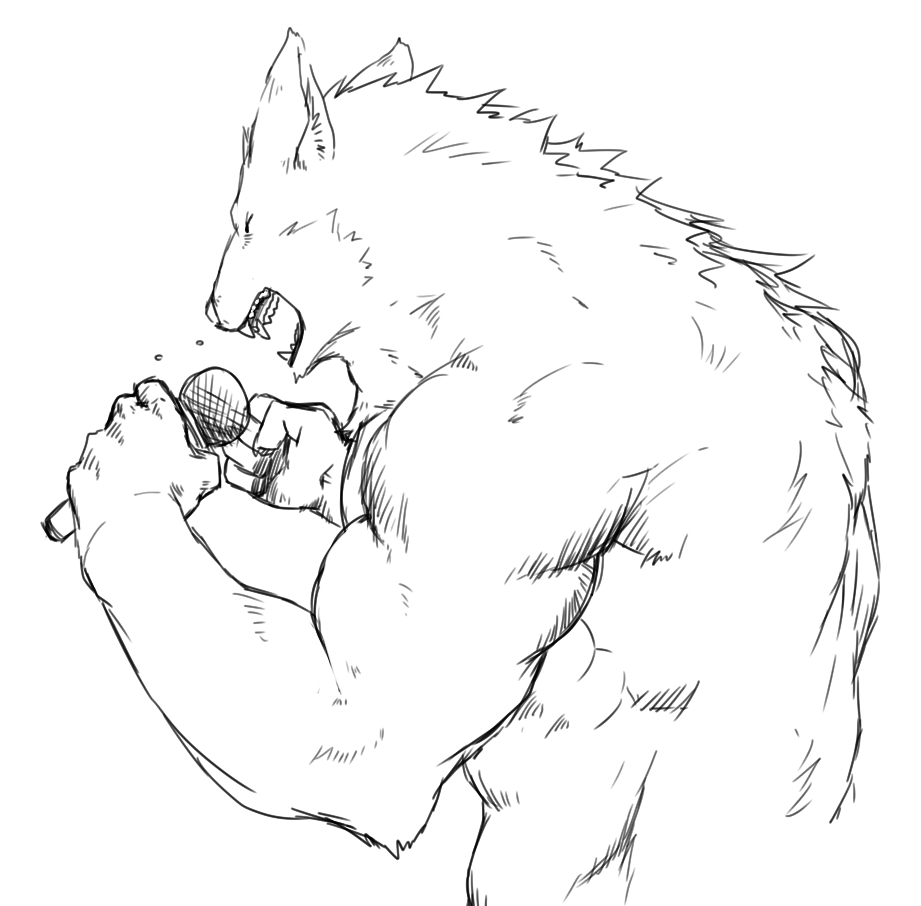 biceps canine captainjohkid line_art male mammal monochrome plain_background pose singing sketch solo standing topless were werewolf
