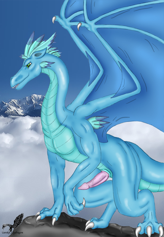 blue_skin claws cloud dragon erection feral green_eyes male penis solo tarokh teeth wings