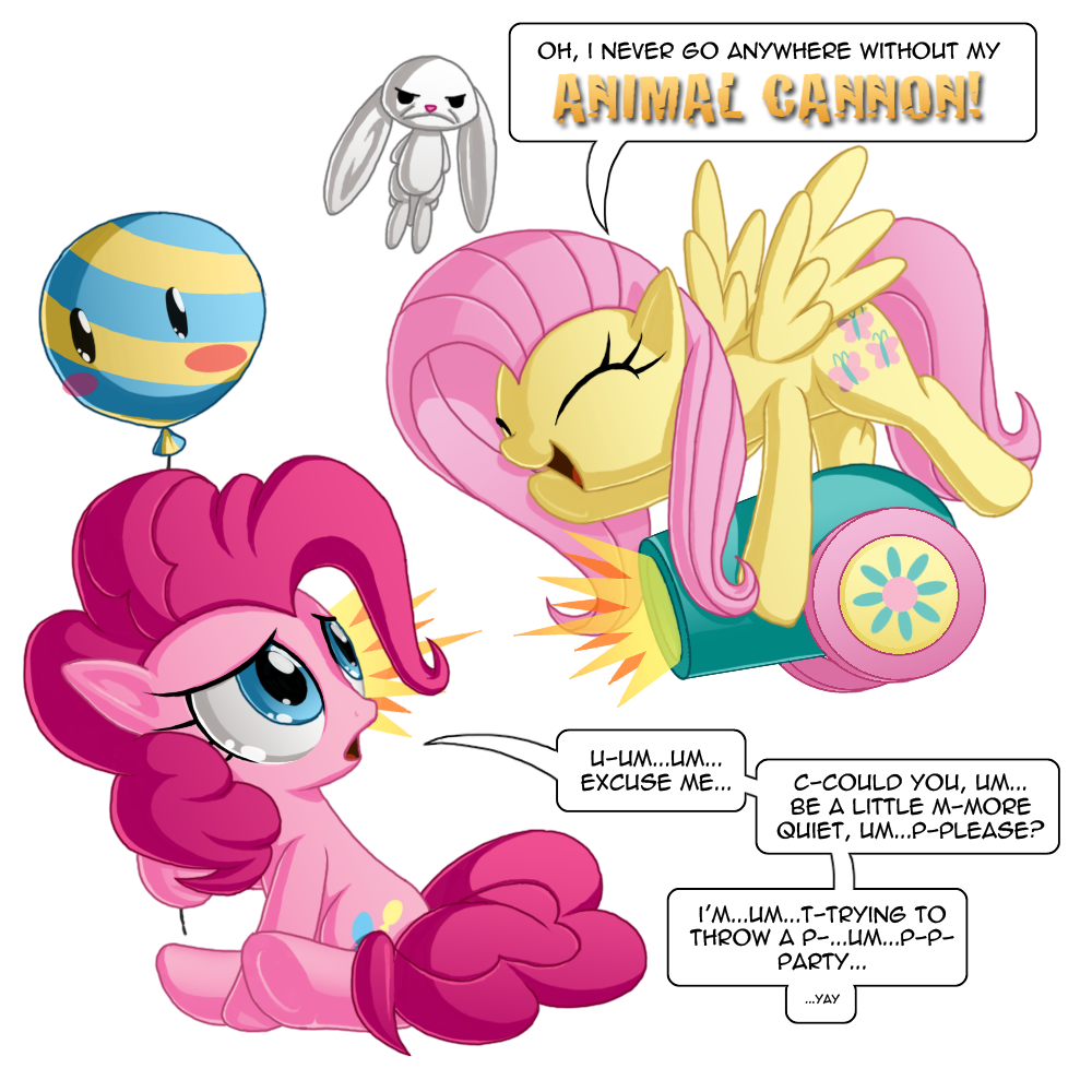 alpha_channel angel_(mlp) balloon blue_eyes cannon cute cutie_mark dialog duo english_text engrishman equine eyes_closed female fluttershy_(mlp) friendship_is_magic hair horse lagomorph male mammal my_little_pony pegasus pink_hair pinkie_pie_(mlp) plain_background pony rabbit role_reversal sitting text transparent_background wings