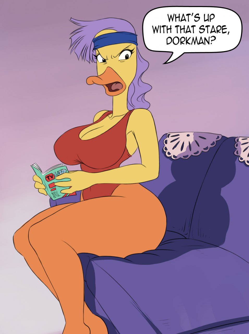 beak bernice big_breasts bird breasts chochi cleavage clothed clothing dialog duck duckman female headband looking_at_viewer seated sitting sofa solo text voluptuous wide_hips