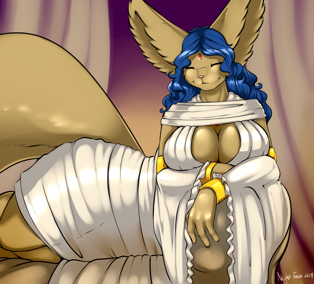 anthro big_breasts blue_hair breasts brown_fur canine clothed clothing cosplay dark_souls eyes_closed female fennec fox fur gwynevere hair happy isis_(nightfaux) long_hair mammal milf mother nightfaux parent pose robe smile solo