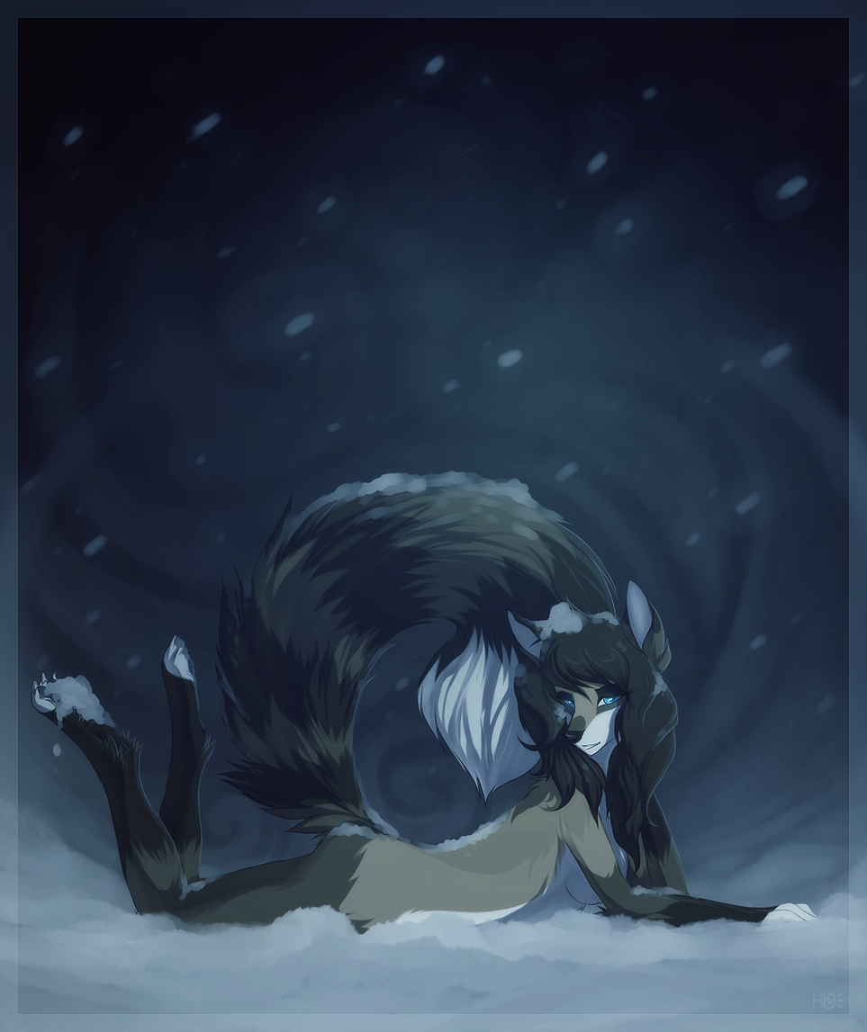 blue_eyes breasts brown_hair canine cold cool_colors female fur hair hioshiru looking_at_viewer lying mammal nude on_stomach outside pose raccoon snow snowing solo stripes tan_fur topazfox