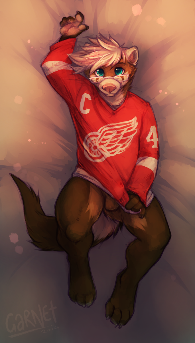 balls blue_eyes bottomless cherrybox claws detroit detroit_red_wings eyewear ferret glasses hair hockey jersey looking_at_viewer lying male mammal mustelid on_back paws pinup pose solo white_hair