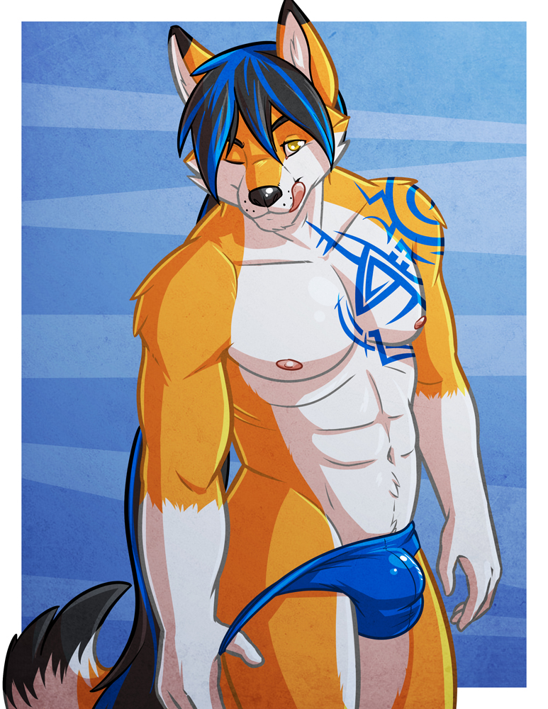 abs abstract_background alty anthro black_hair black_nose blue_hair body_markings boxers bulge canine clamcrusher fox fur gloves_(marking) hair licking licking_lips long_hair looking_at_viewer male mammal markings multi-colored_hair muscles nipples one_eye_closed orange_fur pecs simple_background smile solo speedo standing striped_hair suggestive swimsuit tattoo thong tongue tongue_out topless underwear white_fur wink yellow_eyes