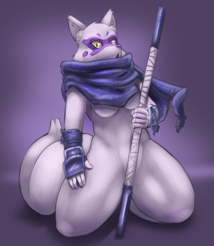 :o alopex anthro breasts canine clothed clothing convenient_censorship drxsmokey eyelashes female fox fur gloves grasp half-dressed looking_at_viewer mammal on_floor open_mouth polearm sitting solo staff teenage_mutant_ninja_turtles weapon