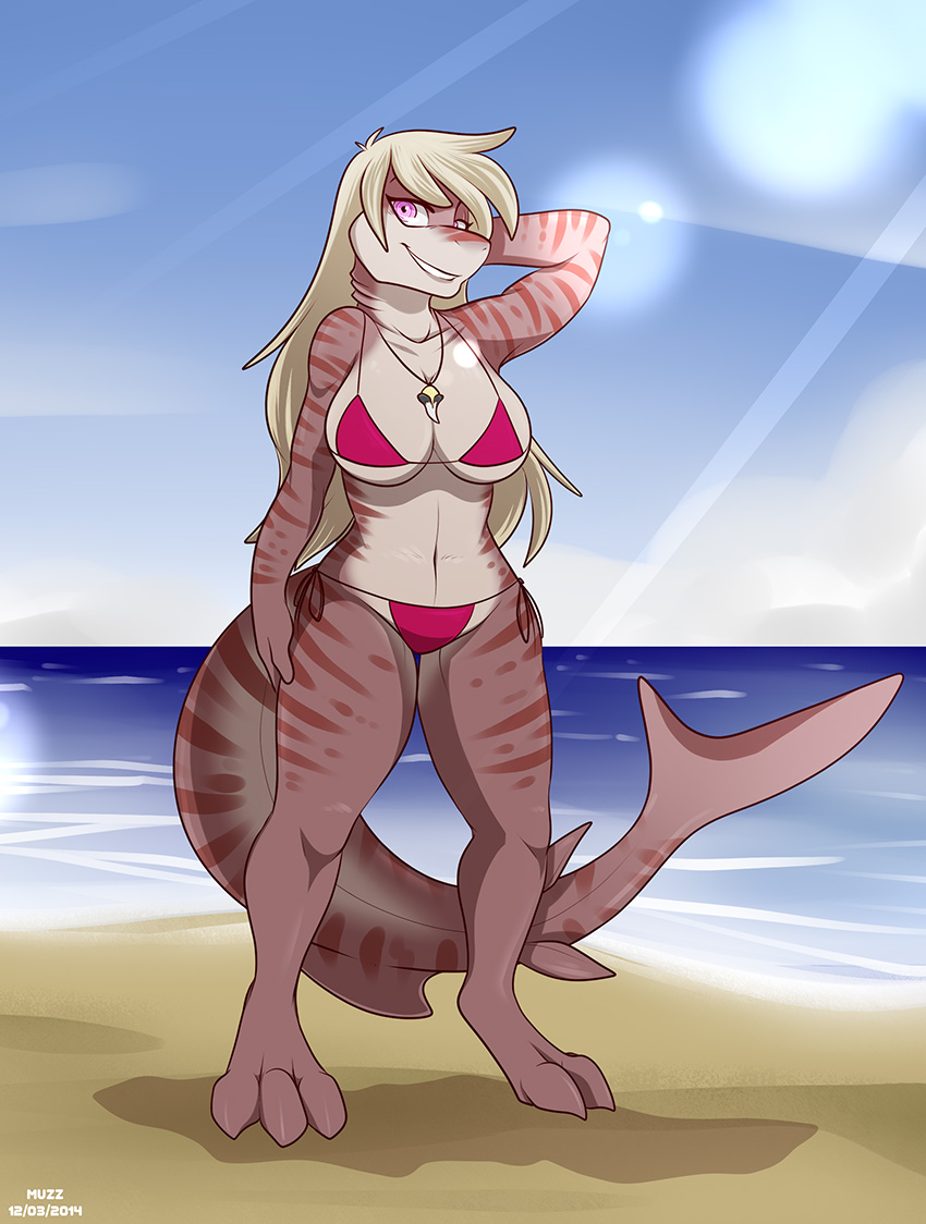 3_toes anthro bikini blonde_hair breasts digitigrade female fish hair hand_behind_head long_hair marine muzz necklace open_mouth outside pink_body pink_eyes seaside shark smile solo standing swimsuit teeth thigh_gap water
