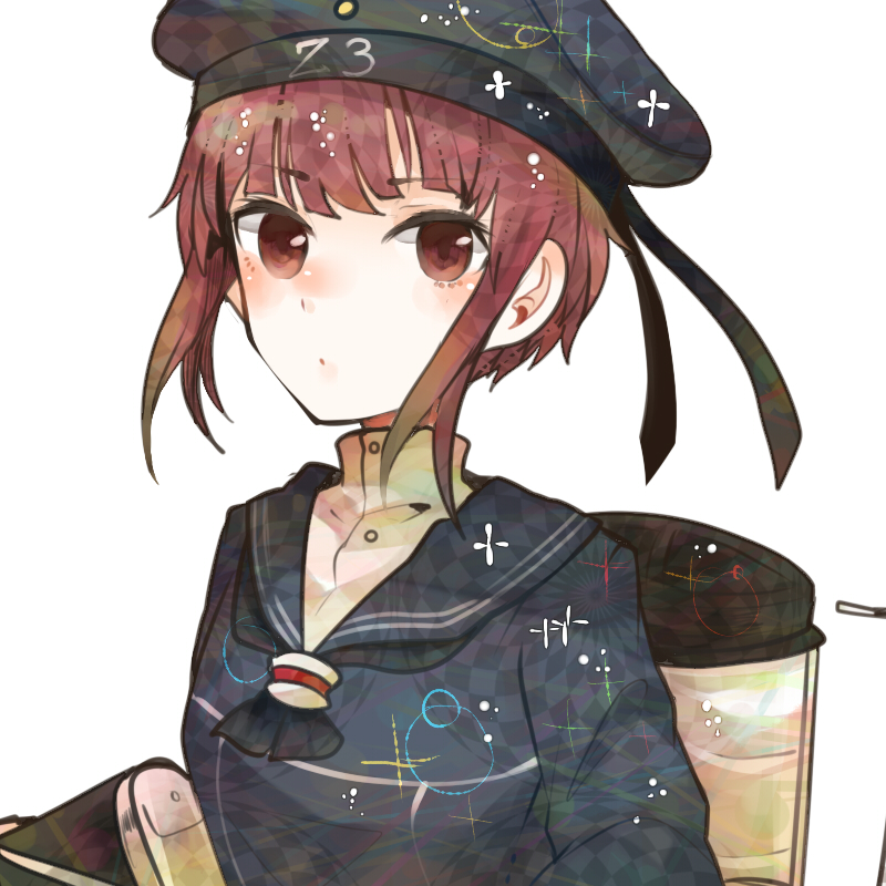 brown_eyes brown_hair clothes_writing hat itomugi-kun kantai_collection military_hat school_uniform short_hair solo white_background z3_max_schultz_(kantai_collection)