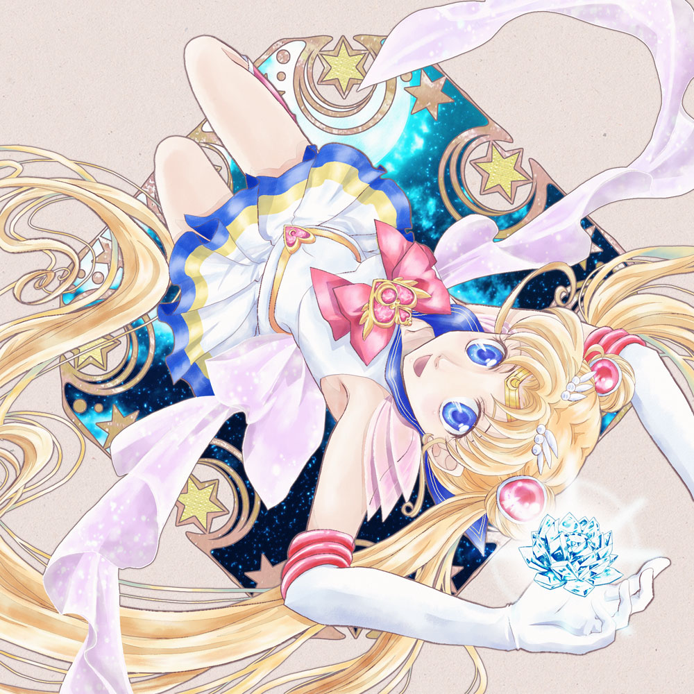 aono_rin back_bow bishoujo_senshi_sailor_moon blonde_hair blue_eyes blue_sailor_collar bow brooch crystal double_bun elbow_gloves full_body gloves jewelry long_hair maboroshi_no_ginzuishou magical_girl multicolored multicolored_clothes multicolored_skirt pleated_skirt red_bow ribbon sailor_collar sailor_moon sailor_senshi_uniform skirt smile solo super_sailor_moon tiara tsukino_usagi twintails upside-down white_gloves