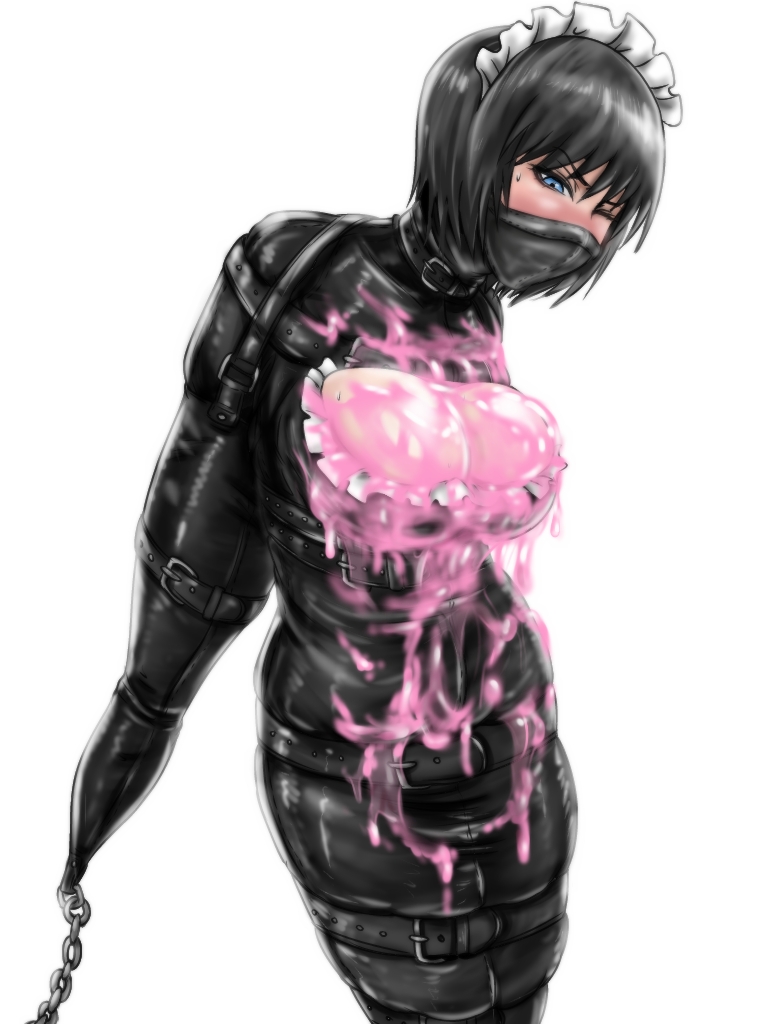 arms_behind_back bad_id bad_pixiv_id bdsm bhm black_hair blue_eyes blush bondage bound bound_arms breasts chain cleavage cleavage_cutout full-face_blush large_breasts maid_headdress messy monoglove one_eye_closed original short_hair slime solo straitjacket strap suggestive_fluid sweat white_background wince