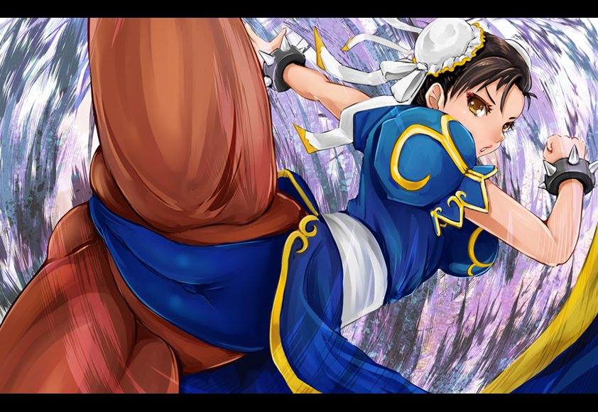black_hair bracelet brown_eyes bun_cover cameltoe china_dress chinese_clothes chun-li double_bun dress eyeshadow jewelry kicking letterboxed makeup pantyhose pelvic_curtain puffy_short_sleeves puffy_sleeves sash short_hair short_sleeves solo spiked_bracelet spikes street_fighter thick_thighs thighs toned yamasan_(hachiman)