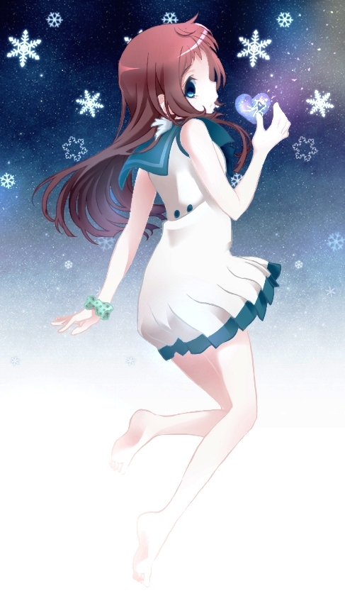 barefoot blue_eyes brown_hair chihiroanime dress empty_eyes heart long_hair long_legs mukaido_manaka nagi_no_asukara sailor_dress school_uniform serafuku snowflakes