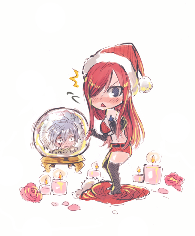 1girl blush candle candles crystal_ball embarrassed erza_scarlet fairy_tail flower hat jellal_fernandes long_hair rboz red_hair rusky santa_costume santa_hat thighhighs