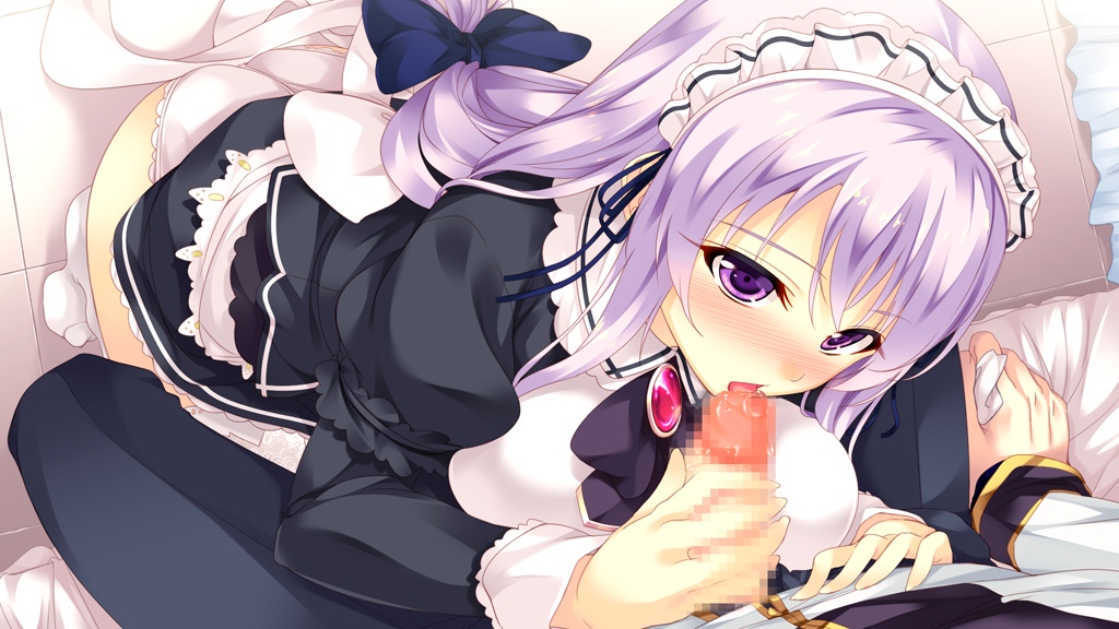 1boy 1girl censored chobipero clothed fellatio game_cg kneeling long_hair looking_at_viewer looking_up maid open_mouth oral panties penis pov purple_eyes purple_hair shin_shirogane_no_soleil_reanswer underwear