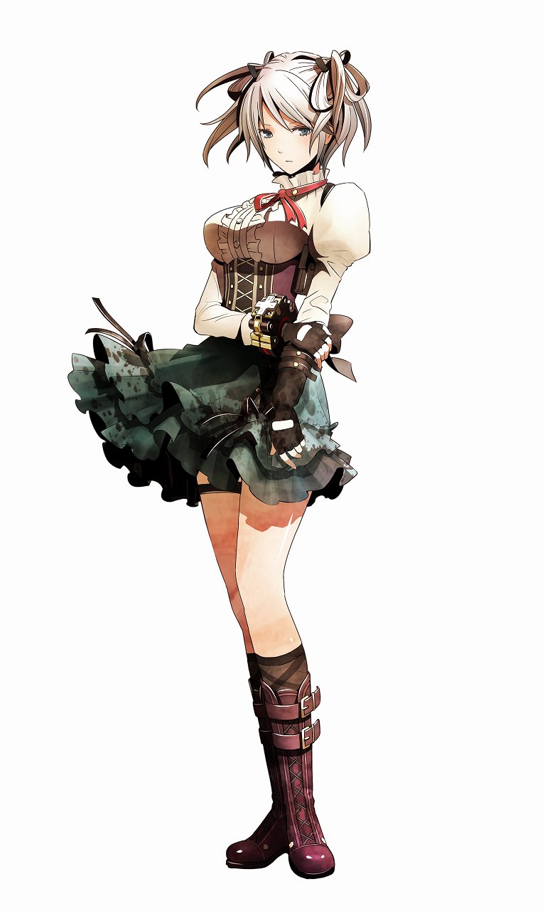 1girl arm_grab black_gloves boots breasts buckle ciel_alencon corset expressionless female fingerless_gloves frilled_skirt frills full_body gloves god_eater god_eater_2 god_eater_2:_rage_burst hair_between_eyes hair_ornament highres juliet_sleeves knee_boots kneehighs layered_skirt legs long_image long_sleeves looking_at_viewer official_art puffy_sleeves red_ribbon ribbon shiny shiny_skin short_hair silver_eyes silver_hair simple_background skirt sogabe_shuuji solo standing tall_image thigh_strap white_background wristband