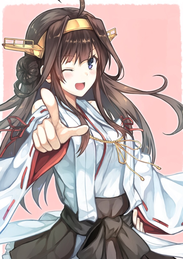 ;d ahoge blue_eyes blush brown_hair detached_sleeves hairband hiten_(hitenkei) kantai_collection kongou_(kantai_collection) long_hair nontraditional_miko one_eye_closed open_mouth pink_background pointing smile solo very_long_hair wide_sleeves