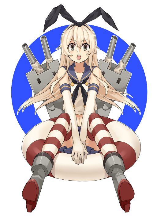 blonde_hair blush cannon collarbone elbow_gloves gloves grey_eyes hairband kantai_collection long_hair mono_(miso_kuronowish) navel open_mouth rensouhou-chan shimakaze_(kantai_collection) sitting skirt sleeveless solo thighhighs very_long_hair weapon