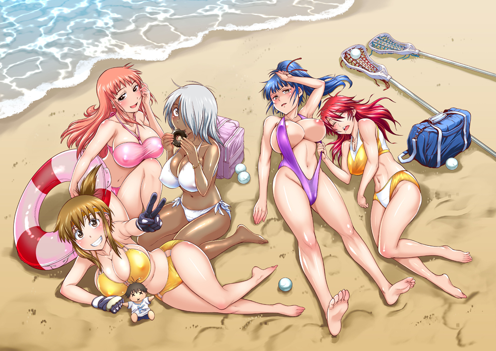 akagi_aya aoyama_kumiko_(joshi_lac!) areolae arm_support assisted_exposure ball bare_legs bare_shoulders barefoot beach bikini bikini_pull blue_hair breast_slip breasts brown_eyes brown_hair character_doll cleavage closed_eyes collarbone covered_nipples dark_skin distance doughnut eating feet food gloves grin hair_over_one_eye innertube joshi_lac!_(manga) kise_matori lacrosse_stick large_breasts long_hair looking_at_viewer lying multiple_girls nipples no_bra on_side one_breast_out original pink_bikini pink_hair ponytail pulled_by_another red_hair sand side-tie_bikini silver_hair sitting sleeping slingshot_swimsuit smile swimsuit teeth v yellow_bikini yellow_eyes