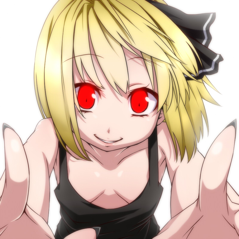 anime_coloring bare_shoulders blonde_hair breasts downblouse looking_at_viewer reaching_out red_eyes rumia short_hair side_ponytail small_breasts smile solo tori_(minamopa) touhou upper_body