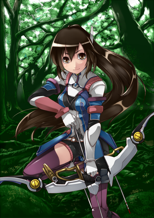aize arrow bow_(weapon) brown_eyes brown_hair forest holding holding_weapon impossible_clothes impossible_shirt long_hair looking_at_viewer nature saionji_reimi shirt solo star_ocean star_ocean_the_last_hope weapon