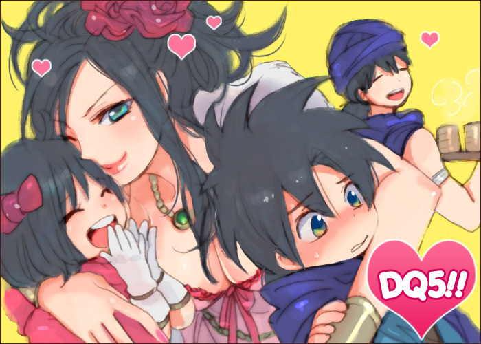 2girls black_hair blue_eyes blush bow breasts deborah deborah's_daughter deborah's_son dragon_quest dragon_quest_v family father_and_daughter father_and_son gloves hair_bow harumi_chihiro heart hero_(dq5) large_breasts mother_and_daughter mother_and_son multiple_boys multiple_girls