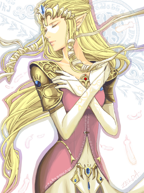 artist_request bandages blonde_hair closed_eyes earrings elbow_gloves frown gloves jewelry long_hair pointy_ears princess_zelda solo the_legend_of_zelda the_legend_of_zelda:_twilight_princess tiara
