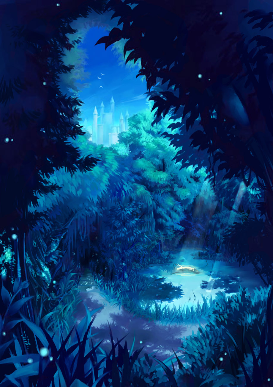 blue castle copyright_request forest highres lake light nature night no_humans road scenery tree umiu_geso