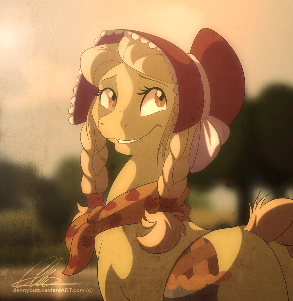 amber_eyes blonde_hair bonnet braided_hair cutie_mark dennybutt depth_of_field equine female friendship_is_magic granny_smith_(mlp) hair horse mammal my_little_pony outside pigtails pony scarf smile solo standing tree young