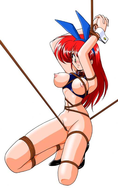 1girl animal_ears arms_up artist_request bangs bdsm blush bondage bound breasts breasts_outside bunny_ears character_request crotch_rope kneeling large_breasts long_hair long_legs nipples red_hair rope rope_walking simple_background slender_waist source_request uncensored usso white_background wrist_cuffs