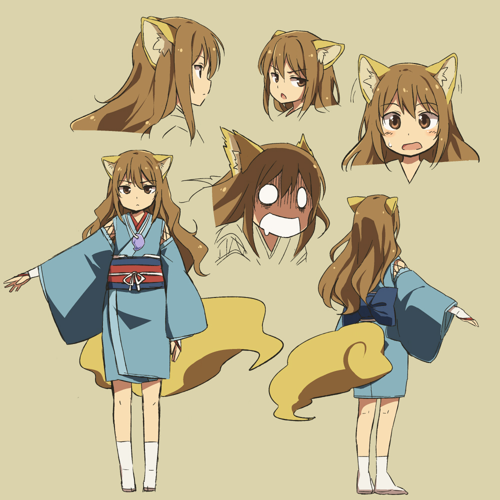 animal_ears blue_dress brown_eyes brown_hair character_sheet detached_sleeves dress drooling ears_up expressions eyebrows_visible_through_hair fox_ears fox_tail grey_background japanese_clothes jewelry kaya_no_hime kimono long_hair long_sleeves looking_at_viewer multiple_views necklace o_o obi open_mouth outstretched_arm pendant sash shikihime_zoushi simple_background tail turn_pale white_legwear wide_sleeves yudepii