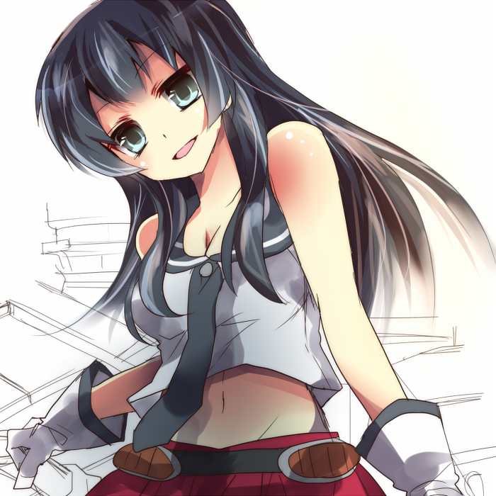 agano_(kantai_collection) bad_id bad_pixiv_id black_eyes black_hair breasts cleavage gloves groin kantai_collection long_hair looking_at_viewer medium_breasts midriff navel open_mouth sakura_(lilak_a) solo