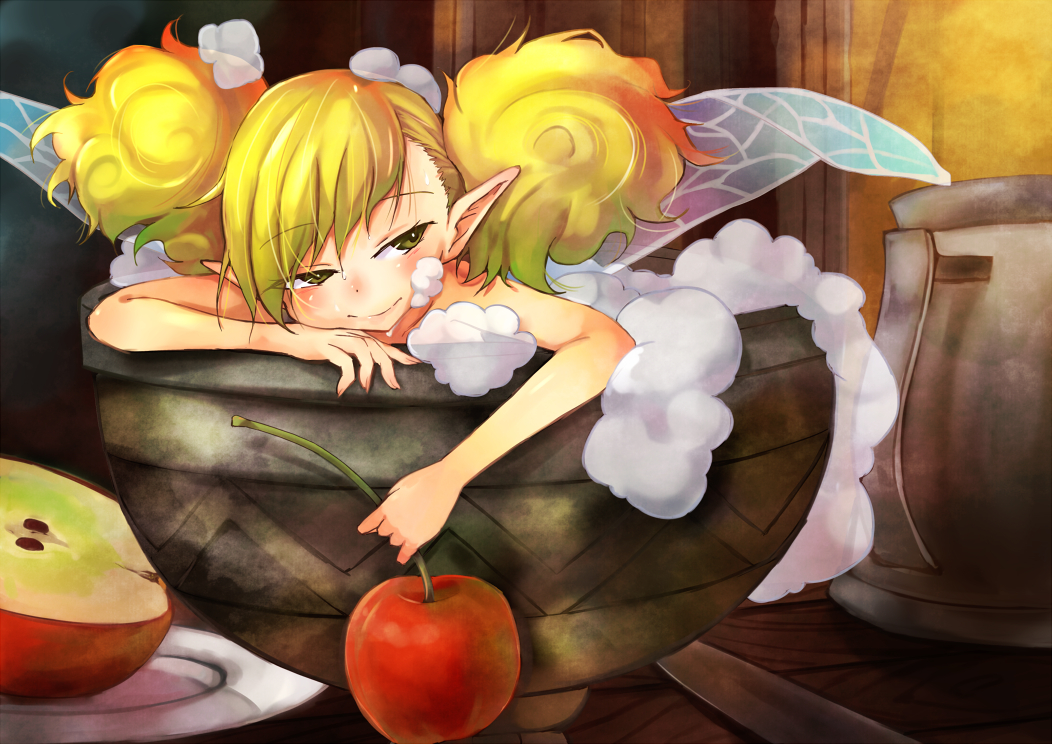 apple asameshi blonde_hair blush cherry cup dragon's_crown drunk fairy fairy_wings foam food fruit holding in_container in_cup minigirl partially_submerged plate pointy_ears solo tiki_(dragon's_crown) wet wings yellow_eyes
