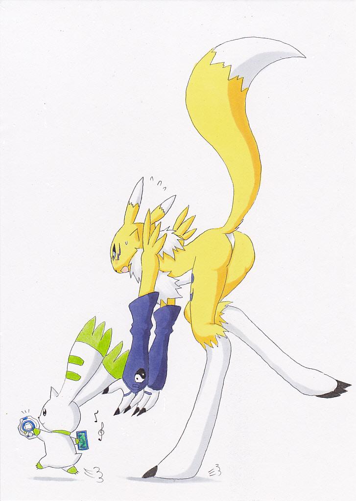 bent black_nose black_sclera blue_eyes card chasing chest_tuft claws digidredg digimon digivice facial_markings fur gloves long_ears markings open_mouth raised_tail renamon running sweat terriermon tuft white_fur yellow_fur