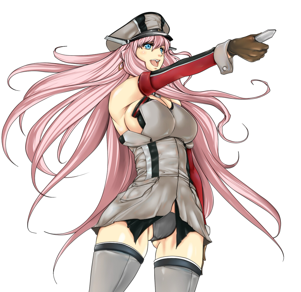 bismarck_(kantai_collection) bismarck_(kantai_collection)_(cosplay) black_panties blue_eyes breasts brown_gloves cosplay detached_sleeves endou_aya gloves grey_legwear hat huge_breasts kantai_collection long_hair macross macross_frontier military military_uniform open_mouth outstretched_arm panties pantyshot pantyshot_(standing) peaked_cap pink_hair seiyuu_connection sheryl_nome solo standing thighhighs tuna21 underwear uniform