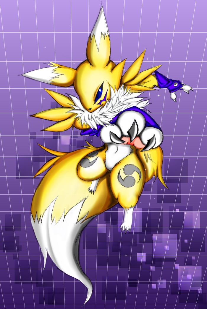 black_nose blue_eyes chest_tuft claws digimon facial_markings fur gloves korarubi markings navel renamon tuft white_fur yellow_fur